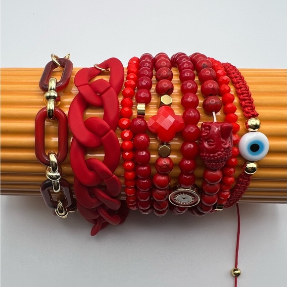 Evening Red Trendy Beaded Bracelet Set - Stylish Fashionable Bead Bracelets - Picture 14 of 15